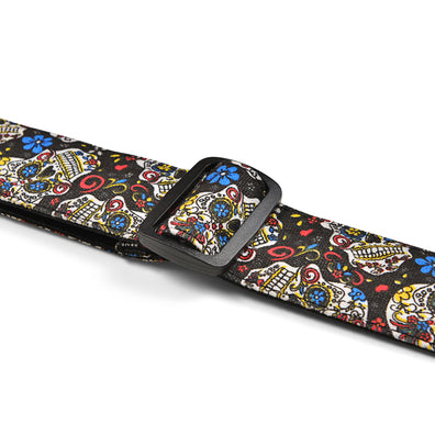 AMUMU Sugar Skull Guitar Strap β Black Denim with Leather Ends, Adjustable 2" Wide for Acoustic, Electric & Bass Guitars DN03P-BW-V